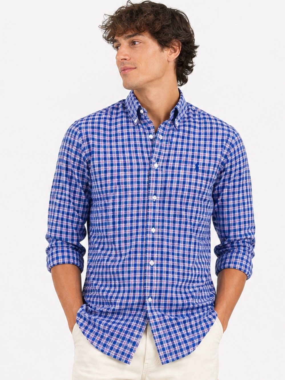 Ralph Lauren Blue Plaid Button Down Shirt Men’s Medium Long Sleeve Pony Logo